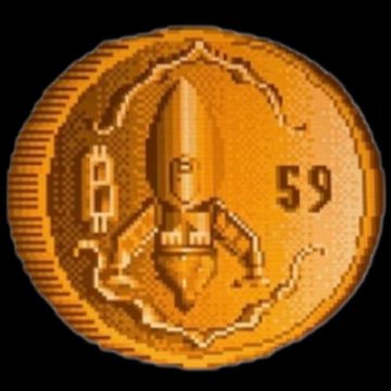 Pixel-art Buckazoid coin with a rocket and the number 59.