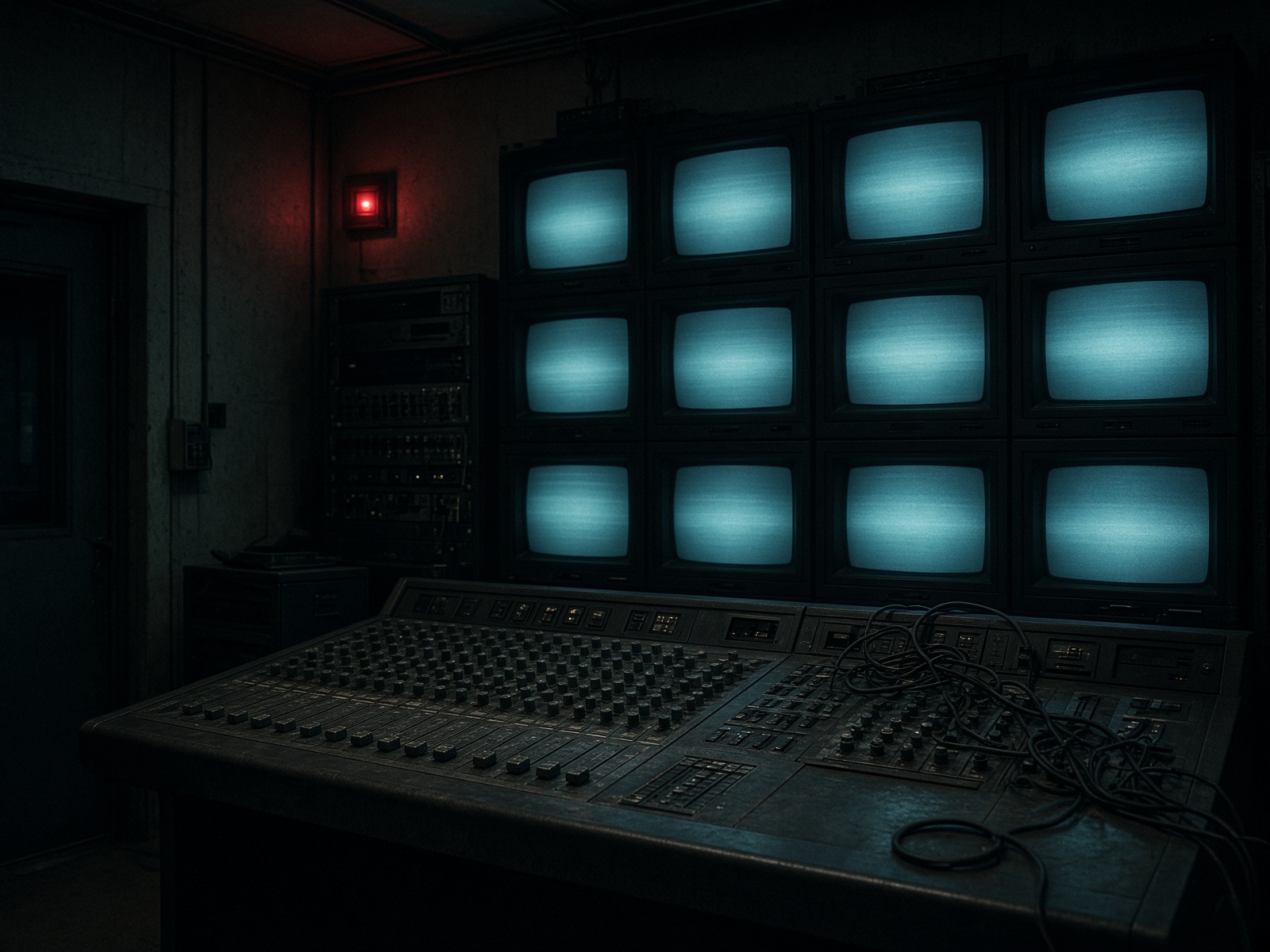 Analog television control room with a wall of CRT monitors